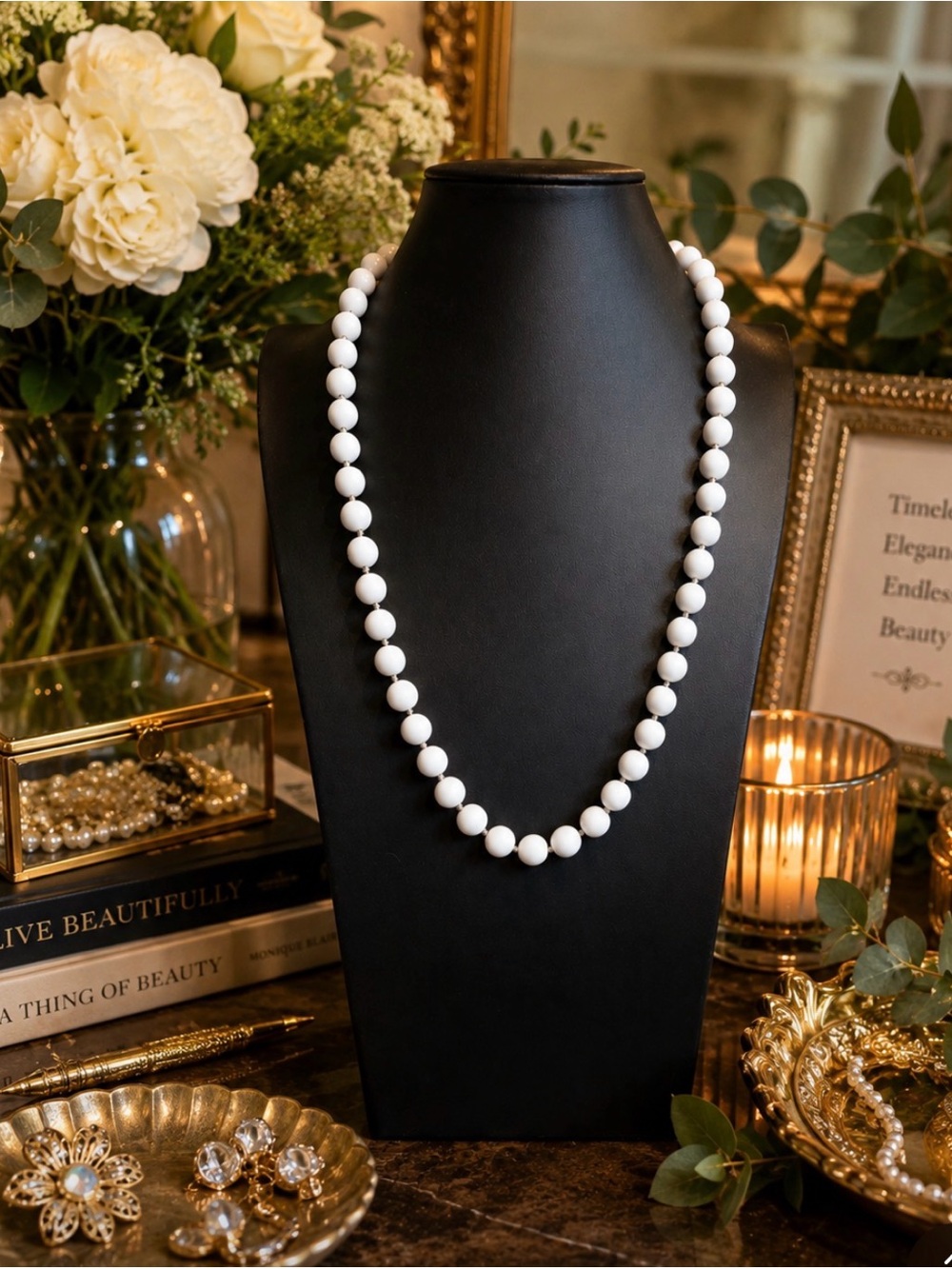 LES BERNARD Vintage Hand-Knotted Milk Glass Necklace